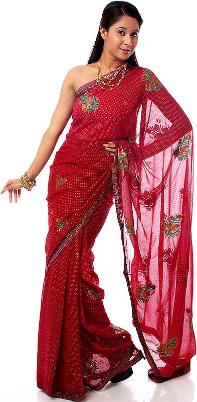 Red-Plum Mokaish Sari with Embroidered Bootis