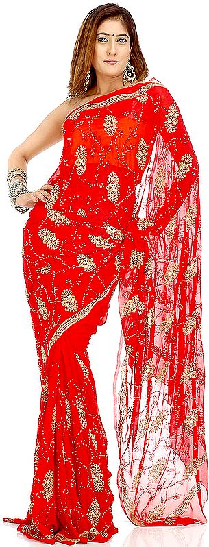 Rich Bridal Red Sari with Sequins and Beads