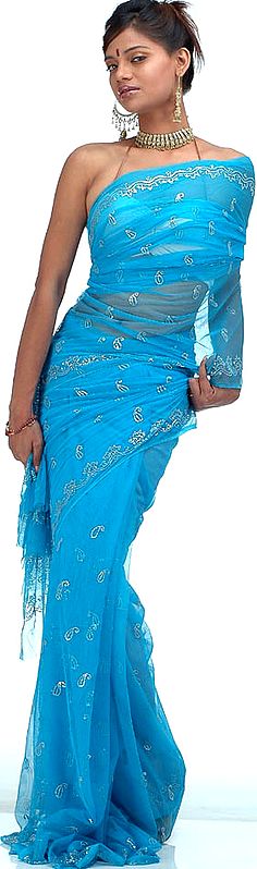 Robin Egg Net Sari with All-Over Sequins