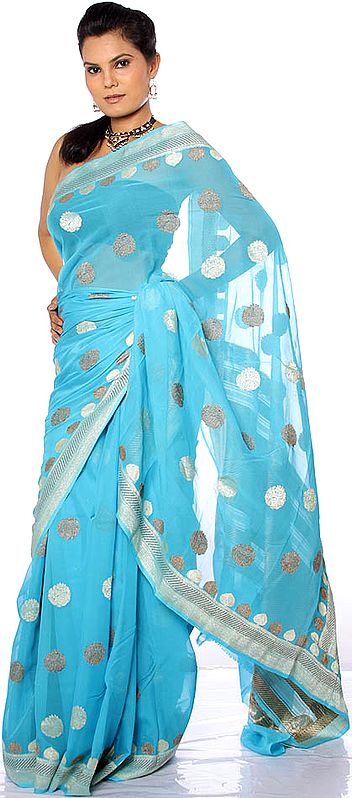 Robin-Egg Blue Banarasi Sari with Polka Dot Bootis Woven in Jute and Golden Thread