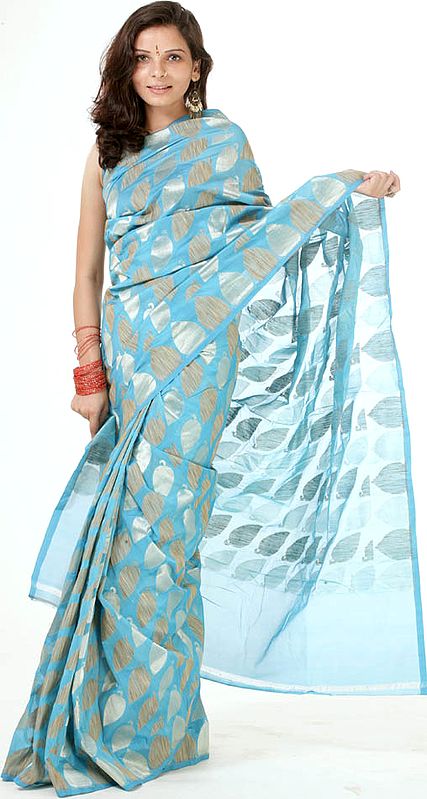 Robin-Egg Blue Sari from Banaras with Leaves Woven in Khadi