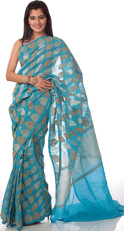 Robin-Egg Blue Sari from Banaras with Leaves Woven in Jute