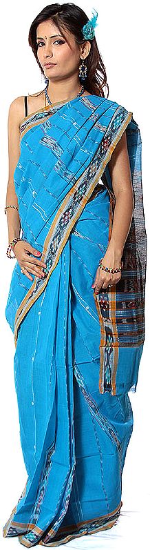 Robin-Egg Blue Sari from Kolkata with Ikat Border and Anchal