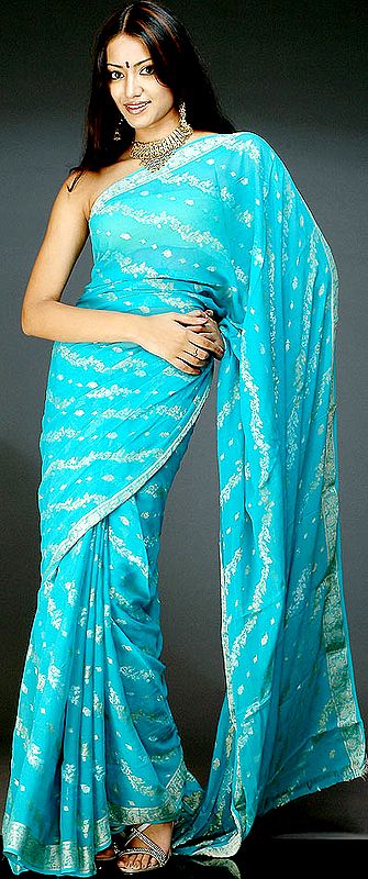 Robin's Egg Handwoven Sari with Silver and Golden Weave