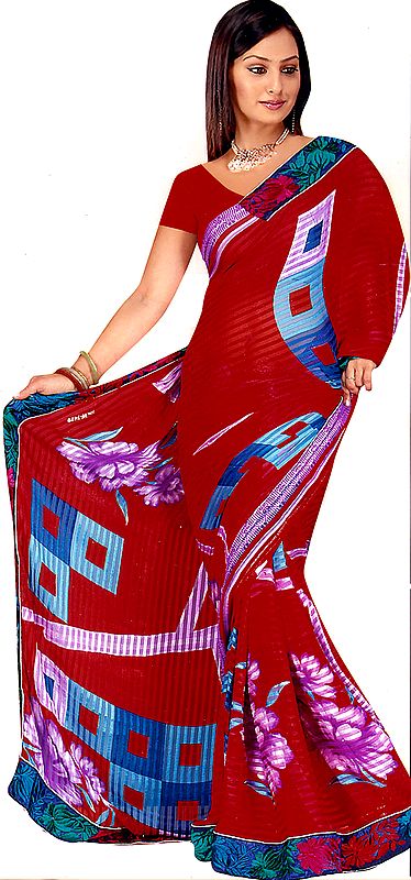 Rococco-Red Sari with Modern Print and Floral Patch Border