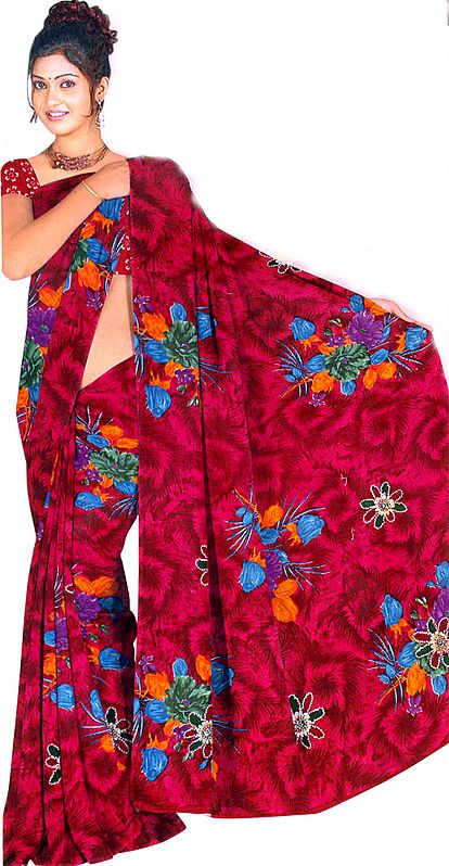 Rococco-Red Sari with Printed Flowers and Aari-Embroidery