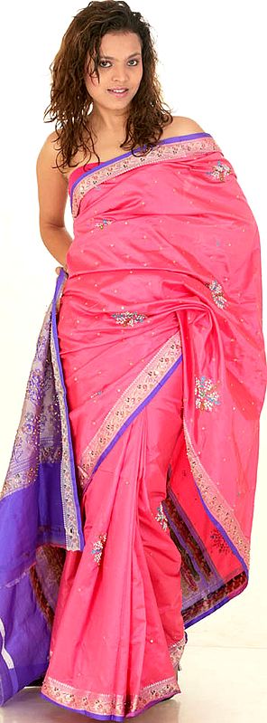 Rose and Purple Valkalam Sari with Beads and Sequins