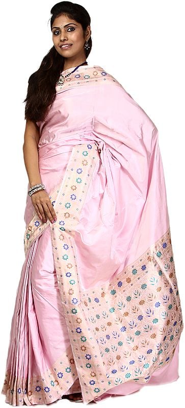 Rose-Shadow Banarasi Sari with Floral Border and Brocaded Aanchal Woven by Hand