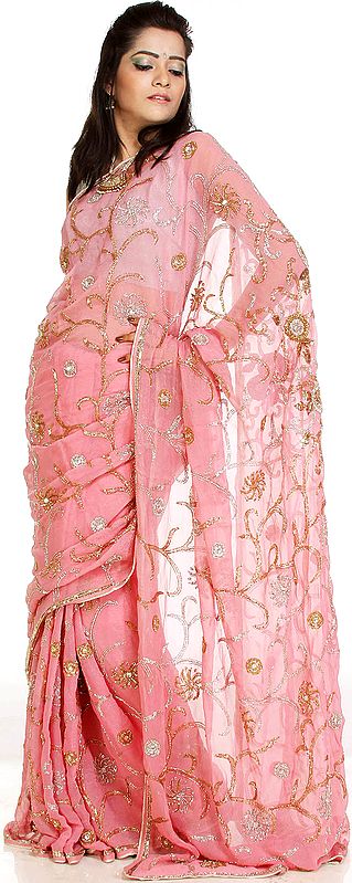 Rosette-Pink Wedding Sari with Heavy Embroidery by Hand