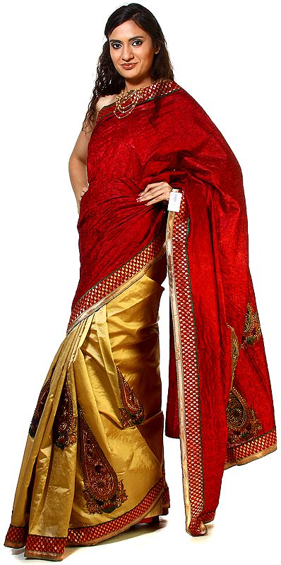 Rosewood-Red and Khaki Handloom Sari from Banaras with Patch Border and Large Embroidered Bootis