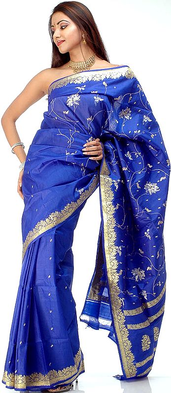 Royal Blue Banarasi Sari with Golden Brocade Weave
