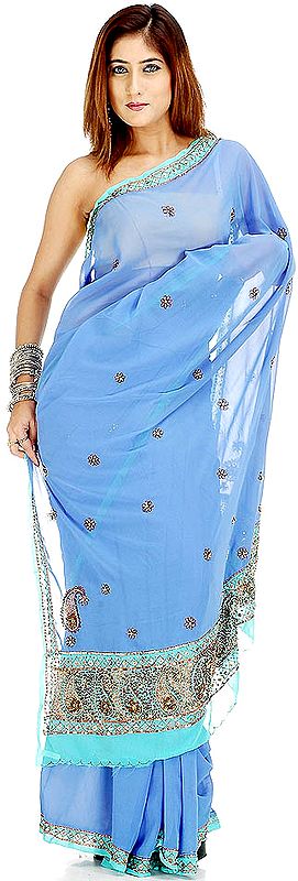 Royal Blue Sari with Sequins and Beads