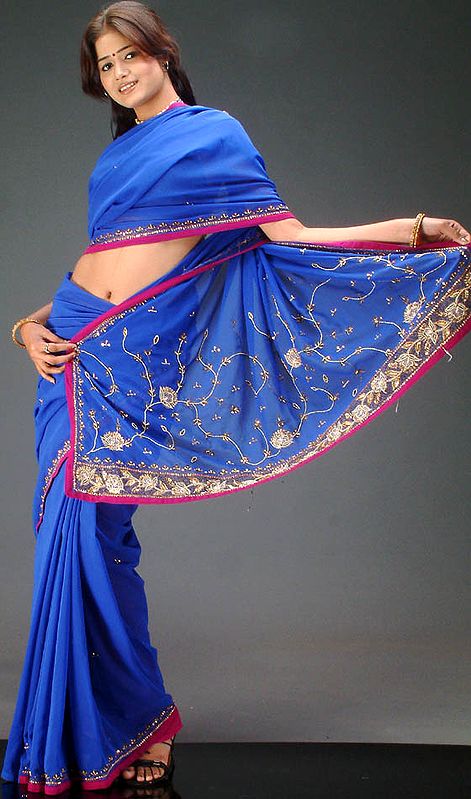 Royal Blue Sari with Sequins and Thread Work