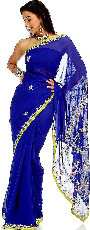 Royal Blue Sari with Threadwork and Beads