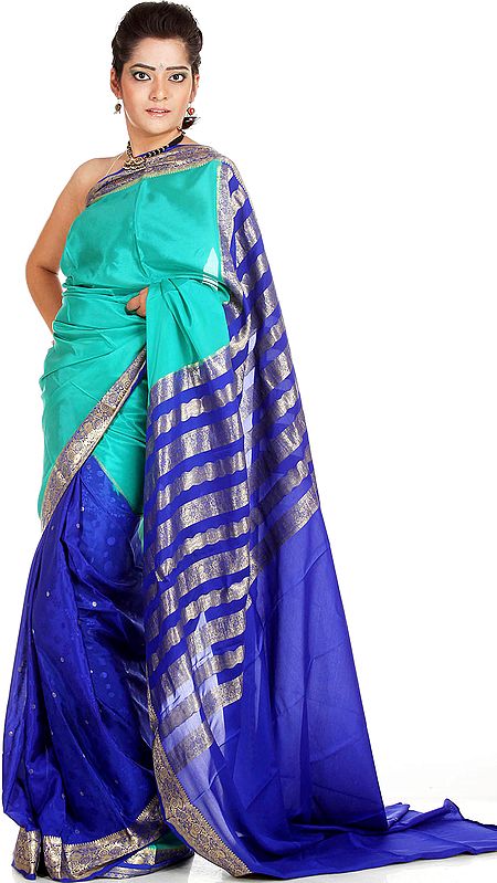 Royal-Blue and Jade-Green Mysore Silk Sari with Brocaded Border and Anchal