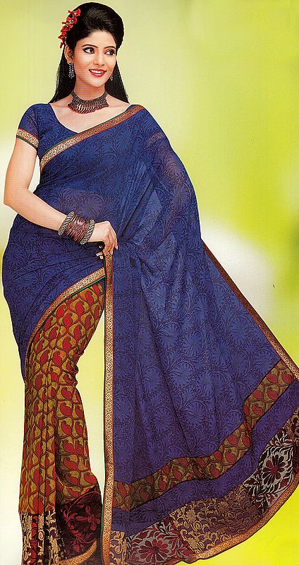Royal-Blue and Mustard Floral Printed Patli Sari with Patch Border and Aari Embroidery