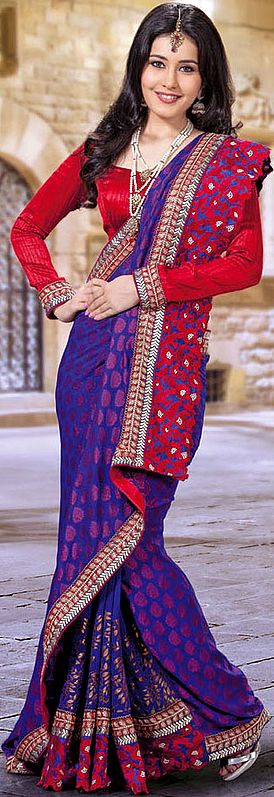 Royal-Blue and Red Designer Sari with Brocade Weave and Patch Border