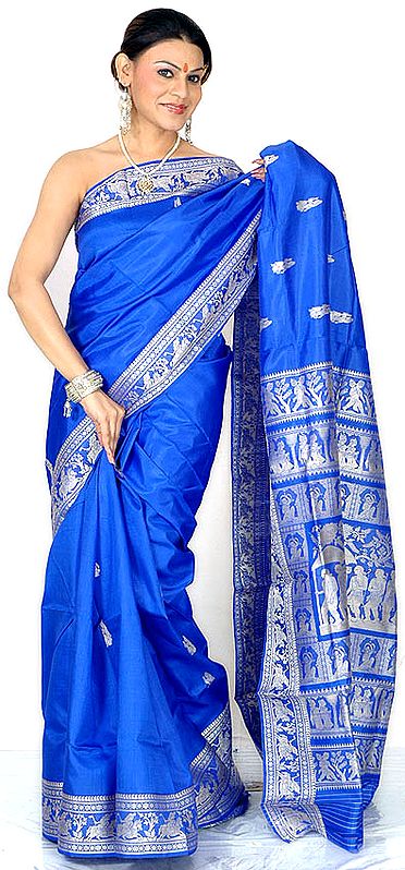 Royal-Blue Baluchari Sari with Scenes from the Mahabharata