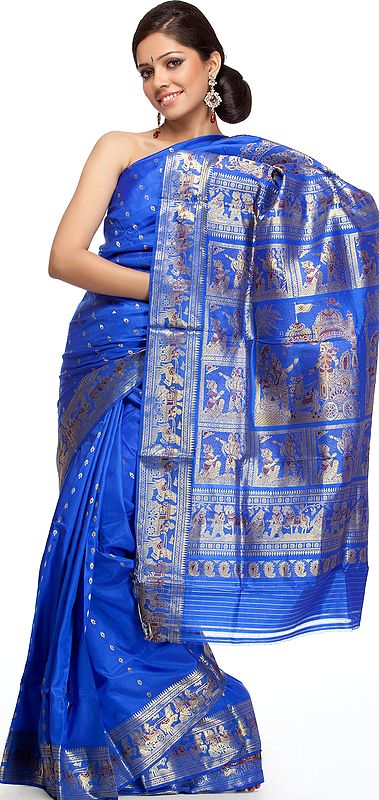 Royal-Blue Hand-woven Baluchari Sari with Krishna's Gita Updesha at Kurukshetra