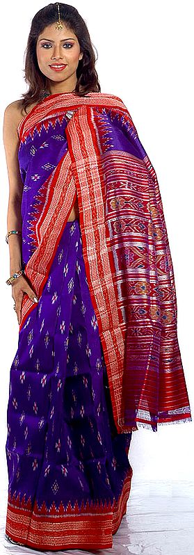 Royal-Blue Ikat Sari Hand-woven in Pochampally Village