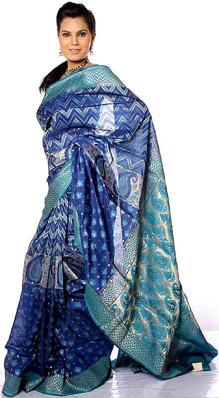 Royal-Blue Jamawar Sari from Banaras with Woven Paisleys