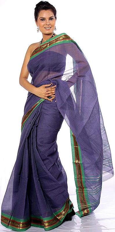 Royal-Blue Narayanpet Sari with Fine Checks