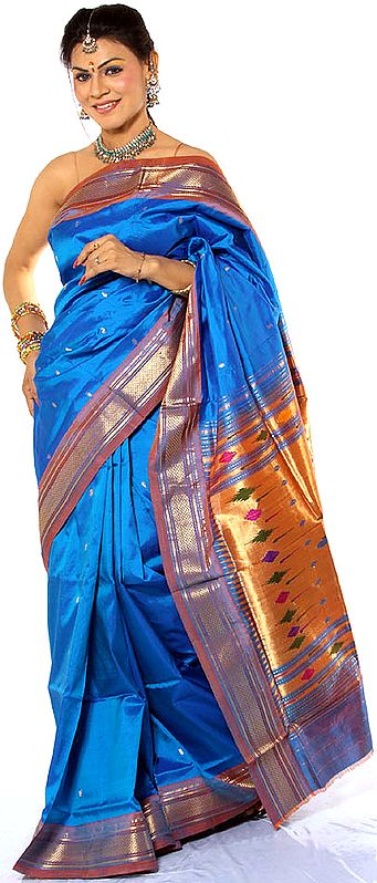 Royal-Blue Paithani Sari with Peacocks Hand-Woven in Zari Thread