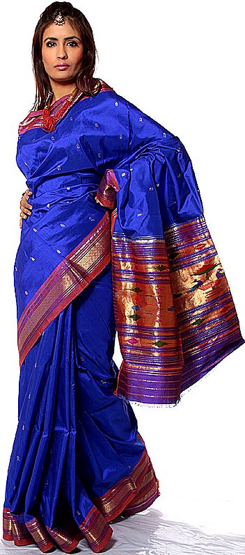 Royal-Blue Paithani Sari with Woven Peacocks on Anchal in Zari Thread