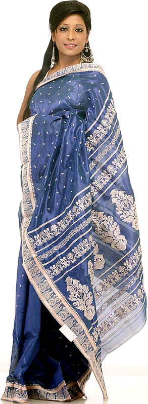Royal-Blue Sari from Bengal with Woven Bootis and Border