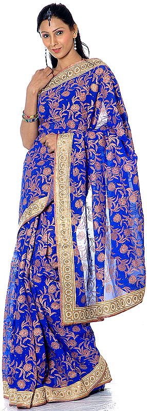 Royal-Blue Sari with All-Over Large Painted Jaal and Sequined Border