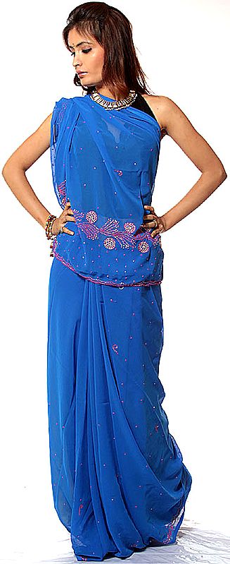 Royal-Blue Sari with All-Over Magenta Sequins