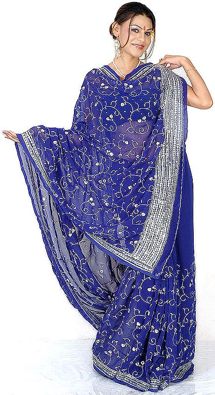 Royal-Blue Sari with Aari Embroidery and Sequins All-Over