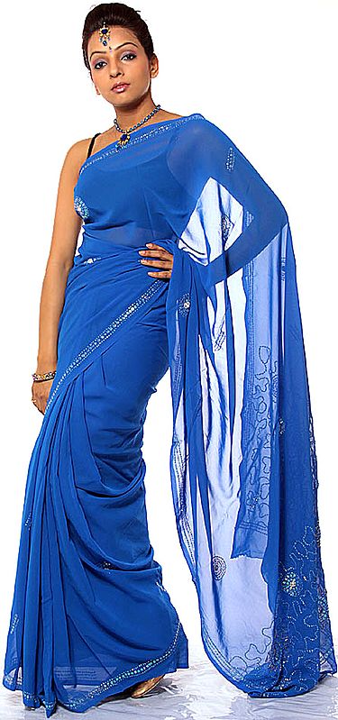 Royal-Blue Sari with Embroidered Sequins