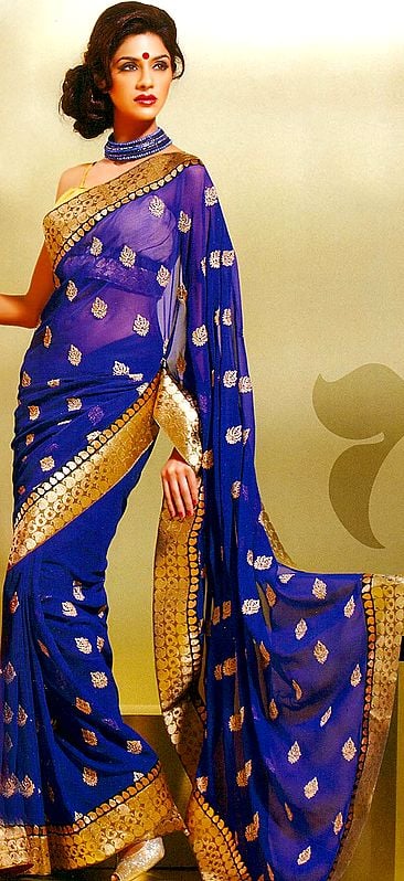 Royal-Blue Sari with Metallic Thread Embroidered Bootis All-Over and Paisleys Patch Border