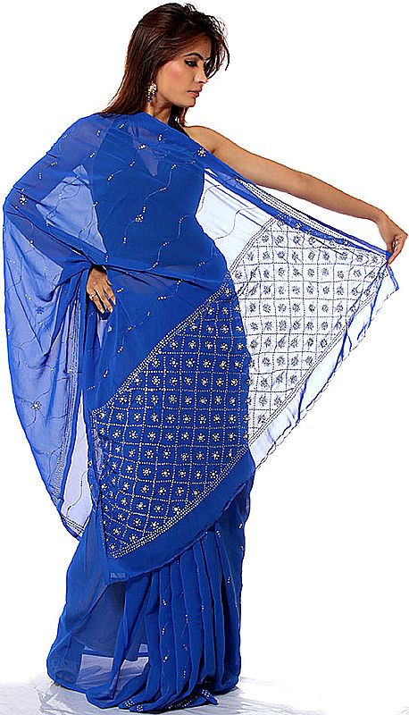Royal-Blue Sari with Sequins Embroidered as Flowers