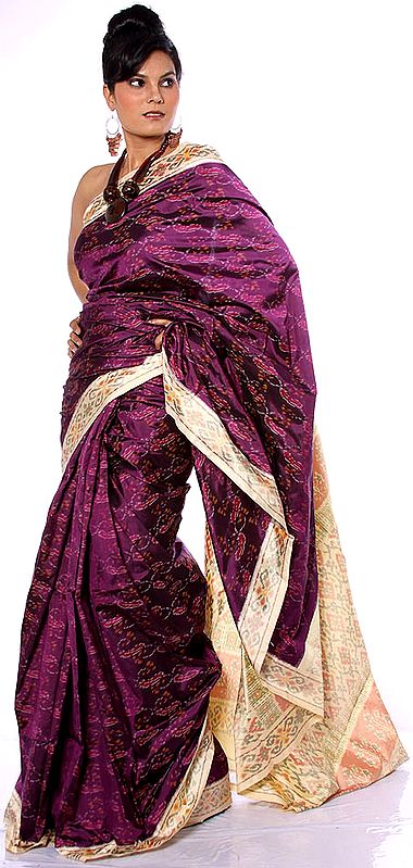 Royal-Purple Ikat Sari Hand-woven in Pochampally Village