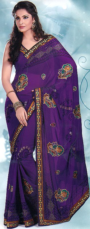 Royal-Purple Printed Sari with Embroidered Flowers All-Over and Patch Border
