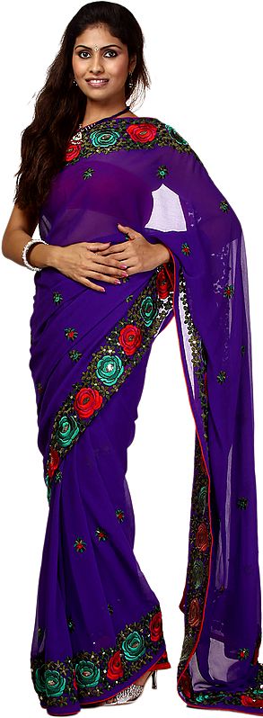 Royal-Purple Sari with Parsi Embroidered Roses on Border