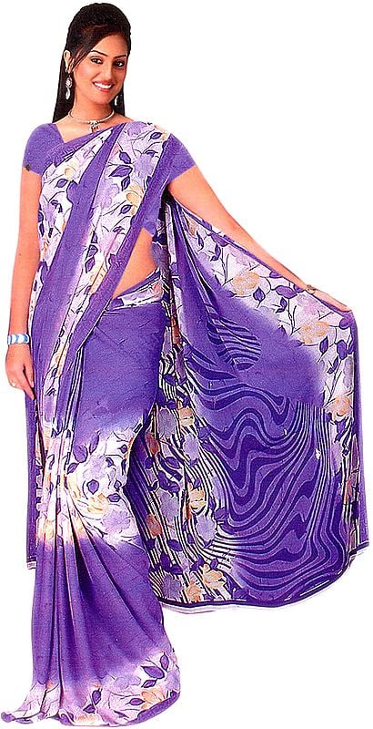 Royal-Purple Sari with Printed Flowers and Embroidered Bootis