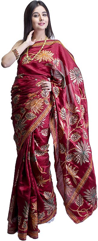 Ruby-Wine Floral Sari from Kolkata with Painted Golden Bootis and Thread Embroidery