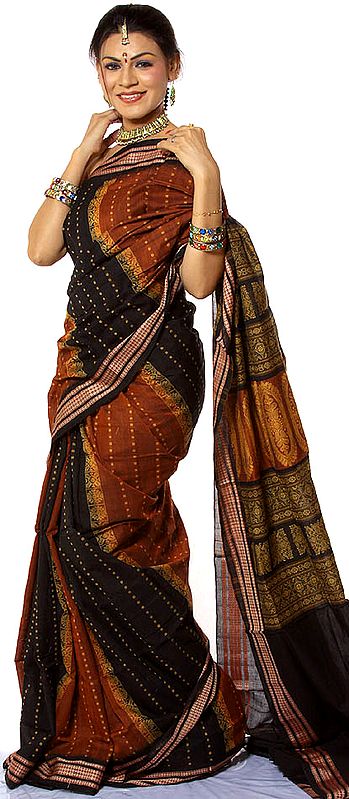 Rust and Black Hand-Woven Bomkai Sari from Orissa