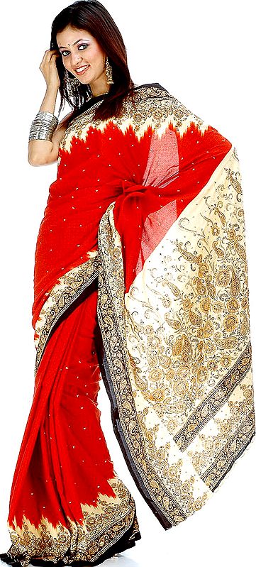 Rust and Ivory Printed Crepe Sari with Beads and Threadwork