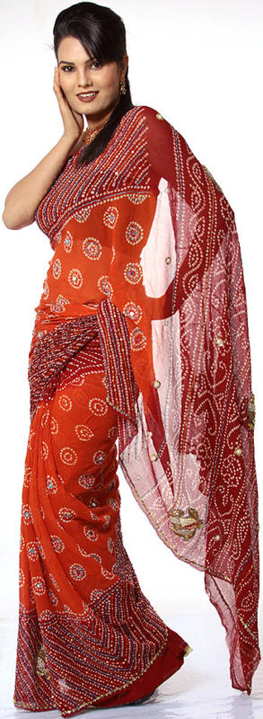 Rust and Maroon Bandhani Sari from Gujarat with Mirrors