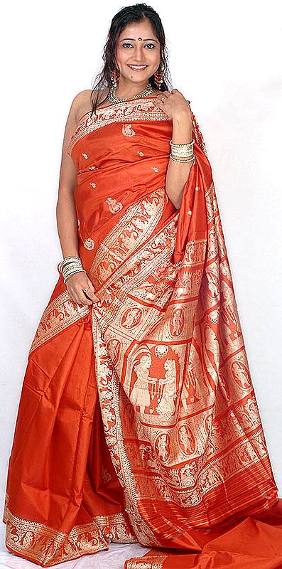 Rust Baluchari Sari Depicting a Wedding Scene