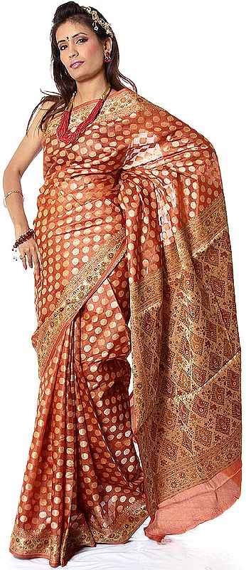 Rust Banarasi with Golden Bootis All-Over and Brocaded Anchal