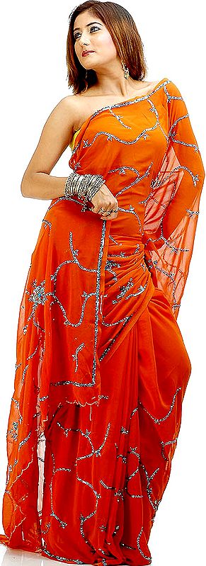 Rust Colored Sari with Bright-Violet Beads and Sequins