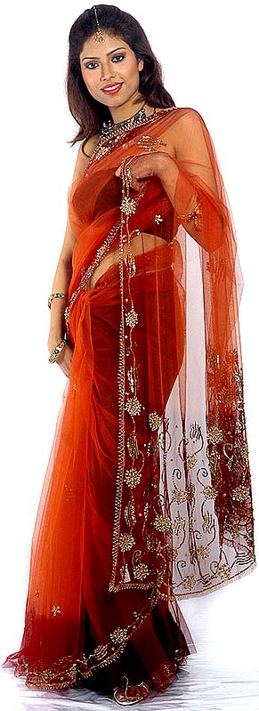 Rust See-Through Sari with Beads and Sequins