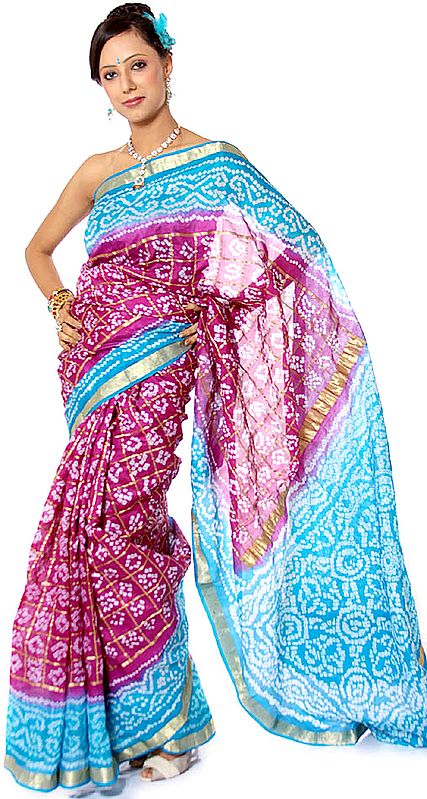 Purple and Blue Bandhani Gharchola Sari from Gujarat