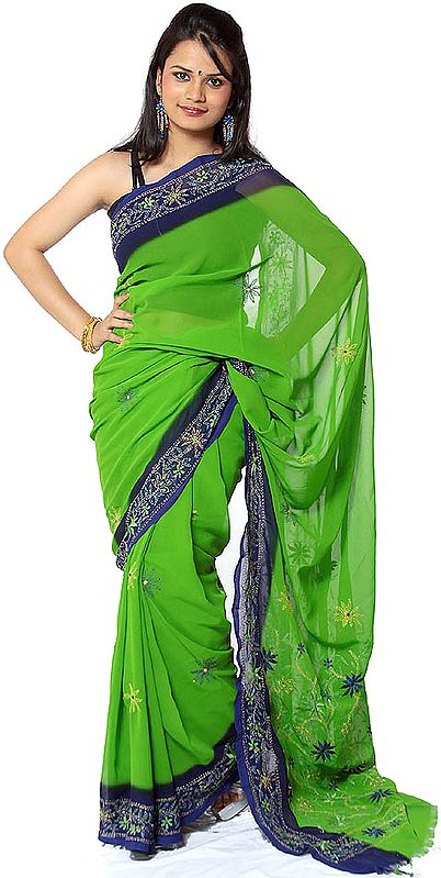 Bright-Green and Navy-Blue Sari with Parsi Embroidery