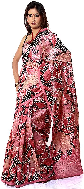 Pink Floral Printed Sari from Kolkata with Threadwork